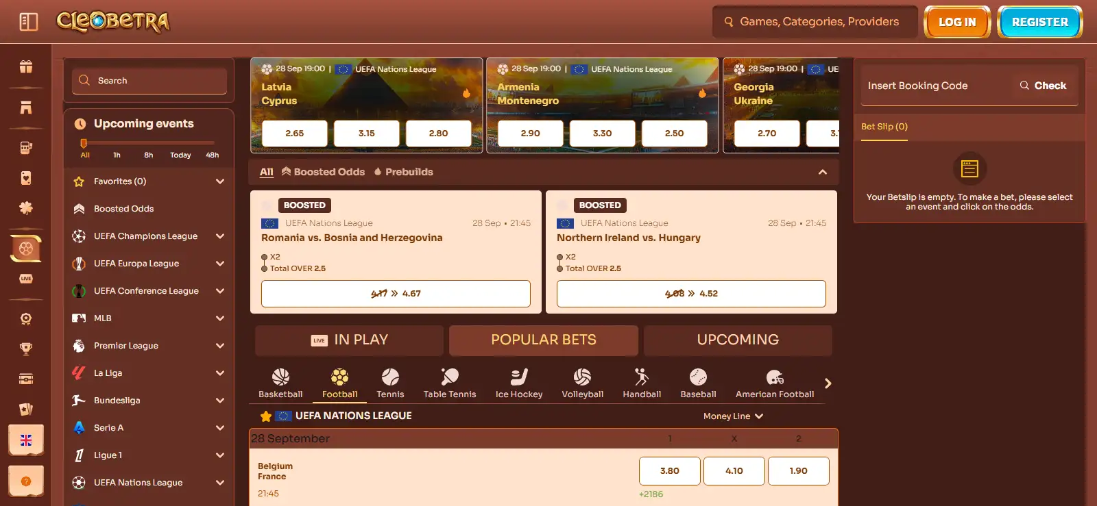 Cleobetra sportsbook interface showing sports betting navigation and betting markets