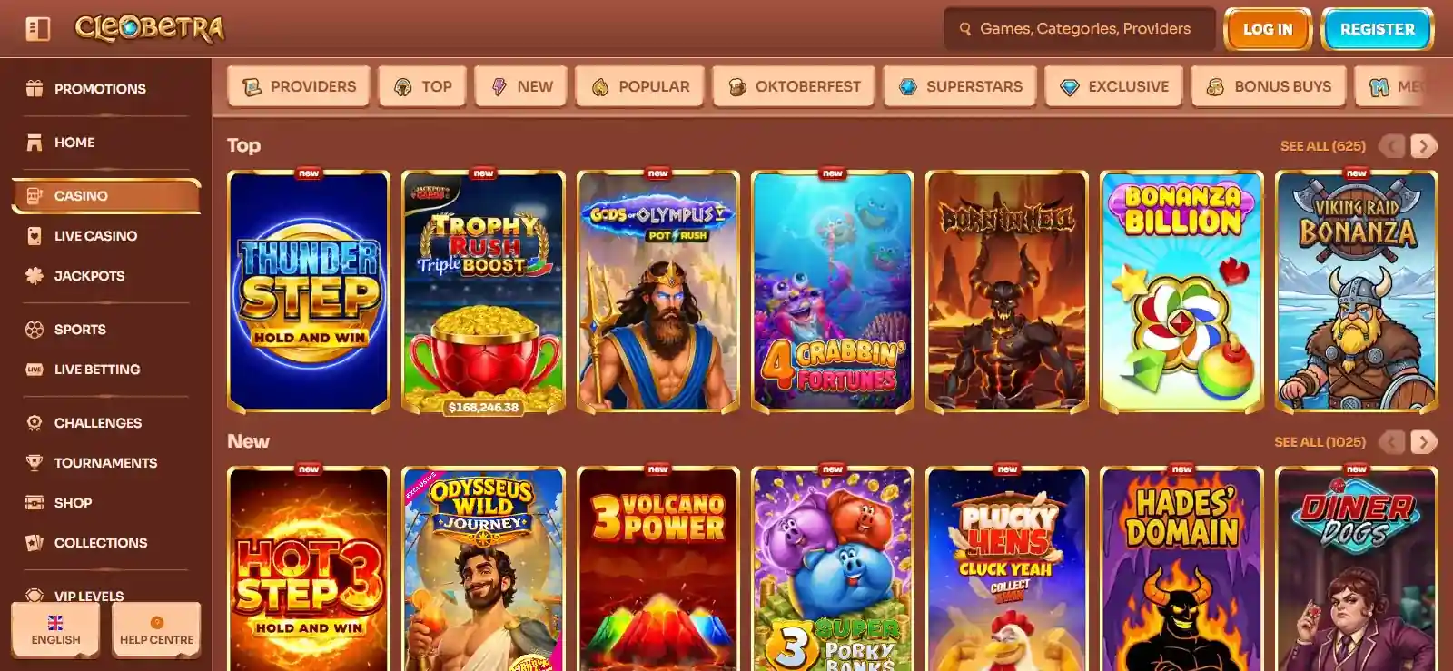 Cleobetra casino lobby with game categories and navigation