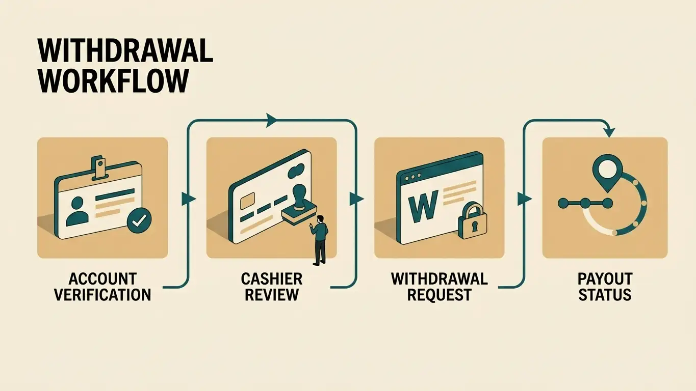Diagram showing a withdrawal moving through verification, cashier checks, request submission and payout status