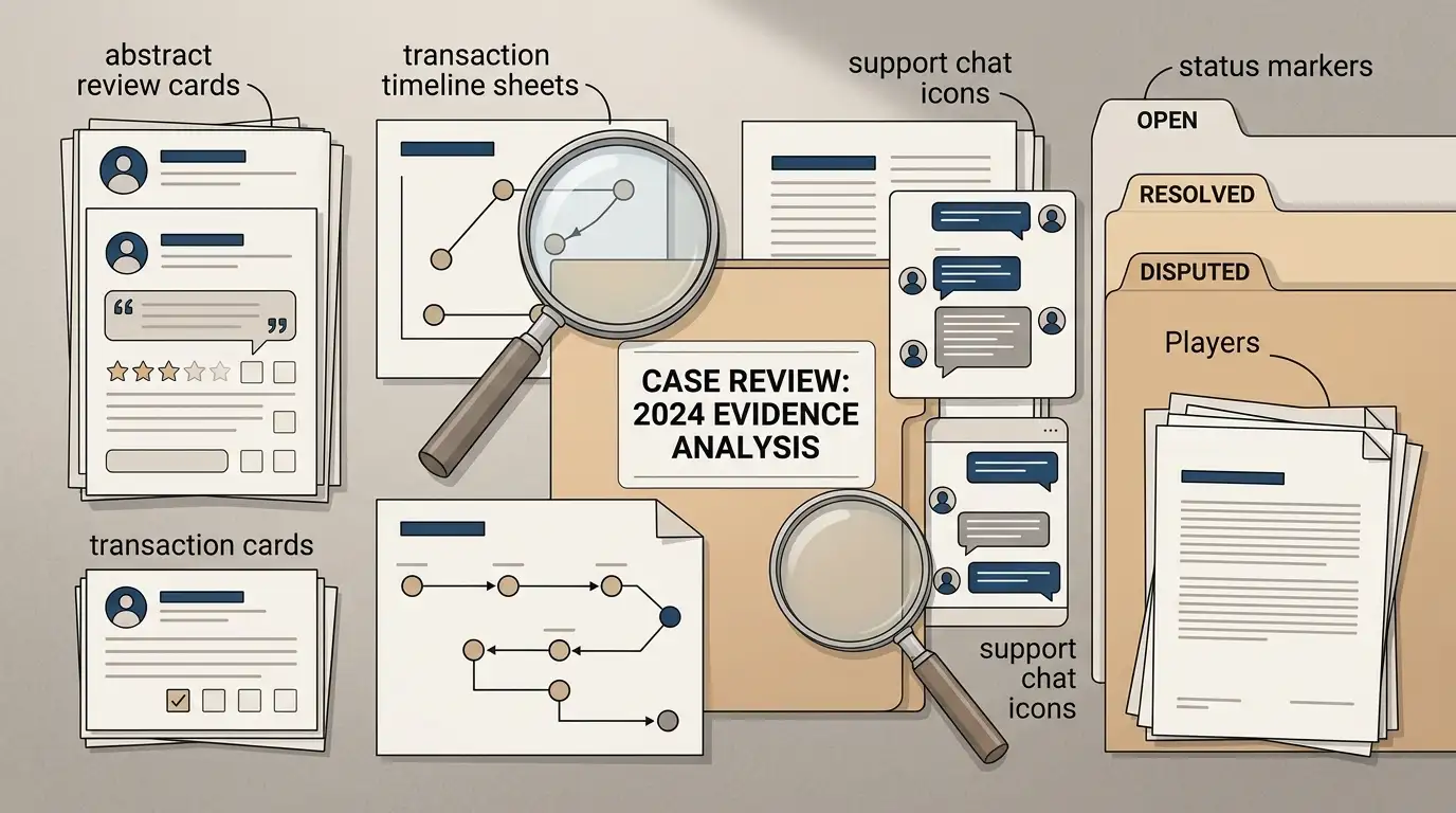 Conceptual reputation review graphic comparing player reports, support records and documented evidence