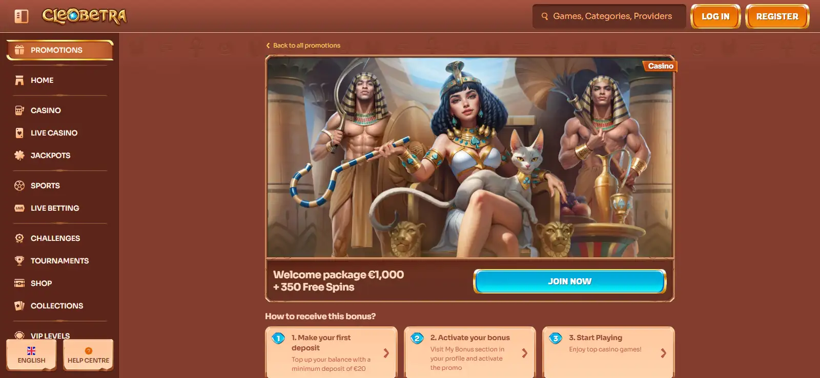 Current Cleobetra promotions page showing the casino welcome package