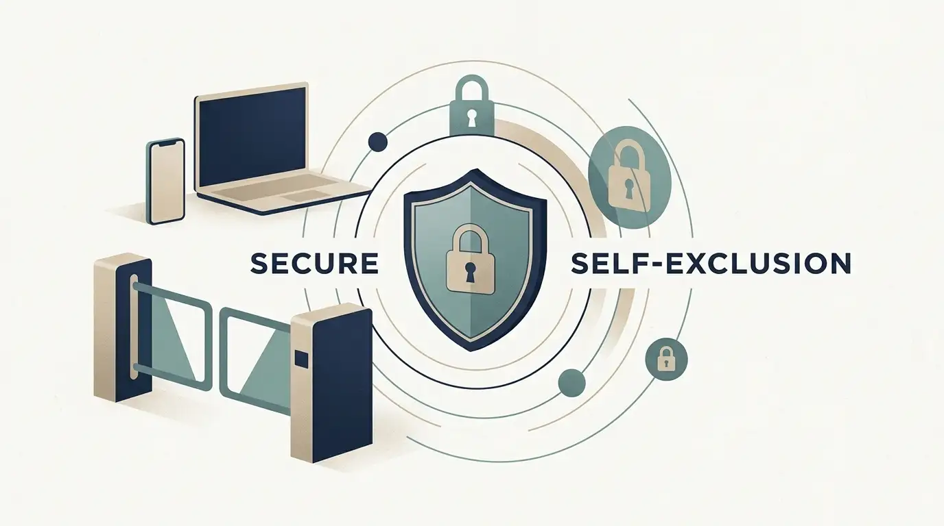 Conceptual illustration of self-exclusion, account controls and safer gambling boundaries